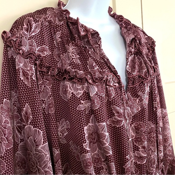 ELOQUII Elements Wine Floral Satin Dress Plus Size 14/16 Ruffle Yoke Long Sleeve - Picture 4 of 15